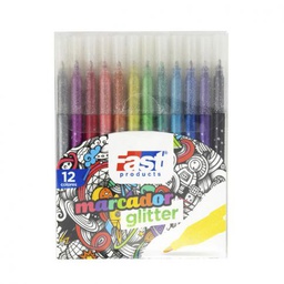 MARCADOR FAST ESTUCHE C/GLITTER P/FINA 12 COLORES