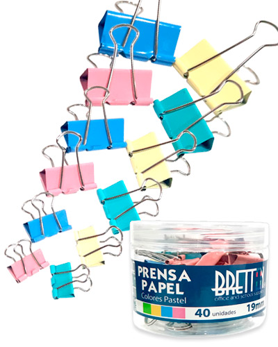 PRENSA PAPEL BRETTON 19MM (CX40) COLORES SURTIDOS