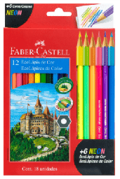 [DIST04916] CRAYON DE MADERA FABER CASTELL LARGO HEXAG. 12 COLORES + 6 NEON